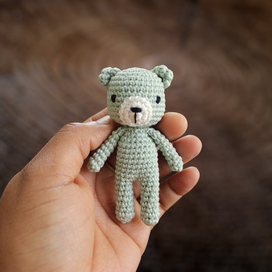 Mini crochet bear in Silver Green and Ivory