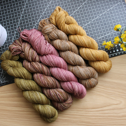Hand dyed 4ply fingering weight sock yarn. Set of 5 20g or 50g skeins Set 05